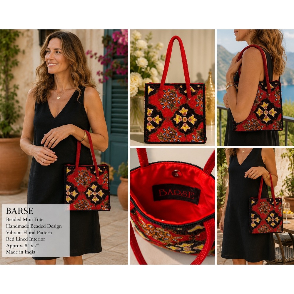 Barse Beaded Boho Indie Hippie Party Fun Chic Red Black Floral Mini Tote Handbag